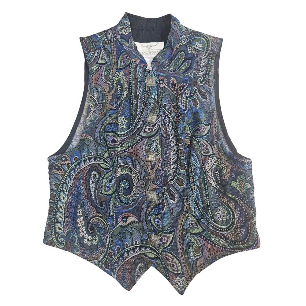 Longhorn Hiver Western Wear Paisley Tapestry Vest Blue Green Medium Made in USA
